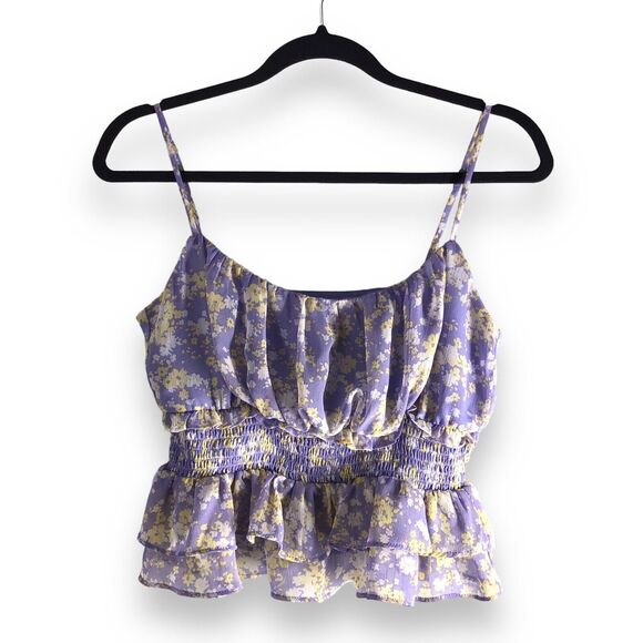 ASTR The Label Size Small Cropped Smock‎ Waist Tank Top Purple Floral Flouncy - Picture 1 of 15